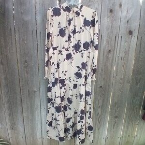 KARMI LABEL TAN BLACK FLORAL TIARED MAXI DRESS SMALL HIGH NECK LONG SLEEVE NEW